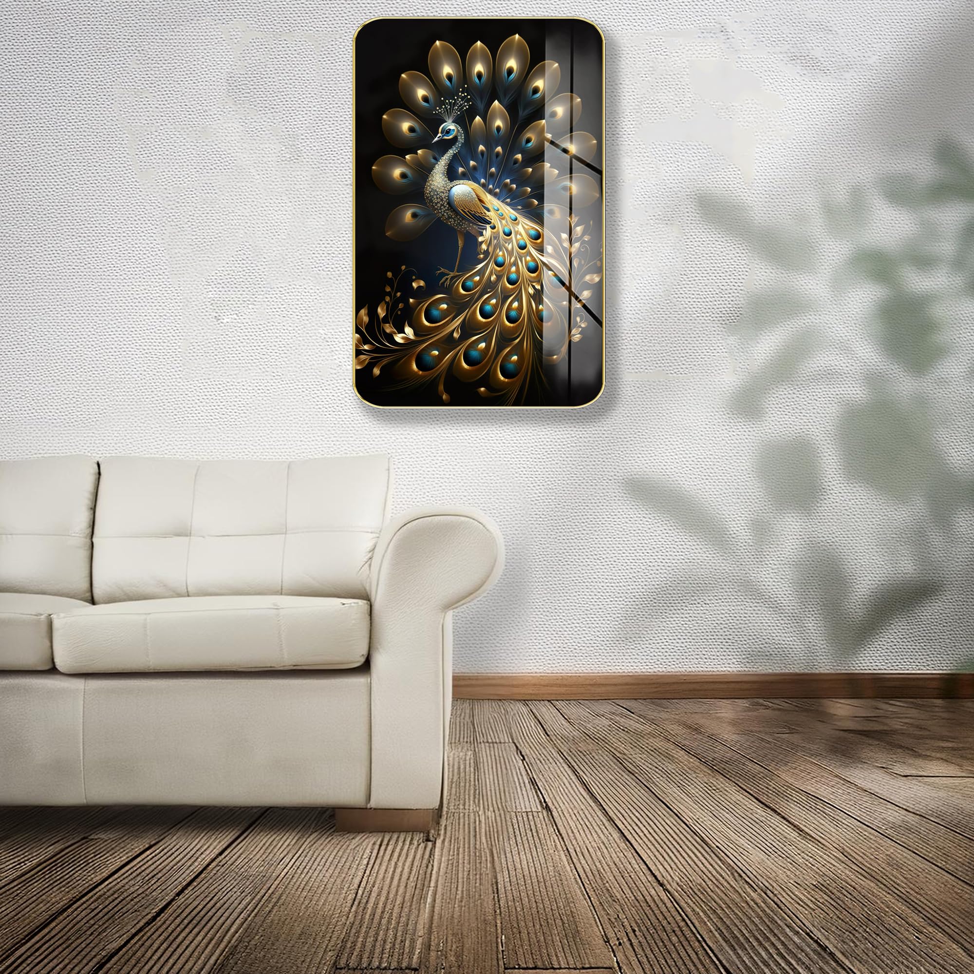 Masstone Peacock Golden Effect High Gloss Surface Golden Slim Frame, 45X30 Cm  Wall Art For Living Room, Bedroom, And Office Dco